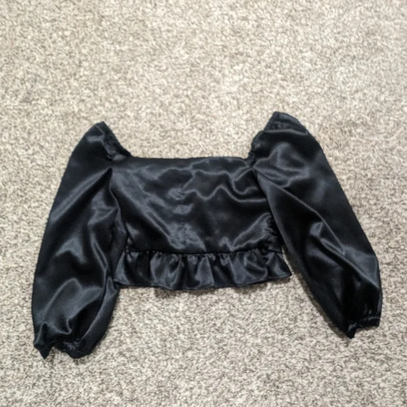 Majorelle Black Satin Cropped Puff Sleeve Top - Picture 8 of 11